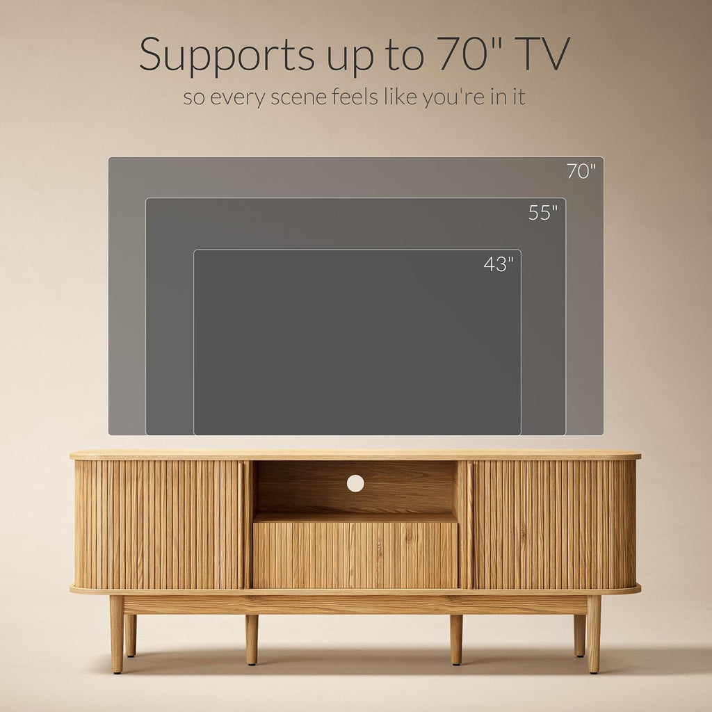 Furniway Modern TV Stand for 45/55/70 inch TV, Entertainment Center with Sliding Doors and Storage, Wood TV Stand for Bedroom, Living Room, Natural