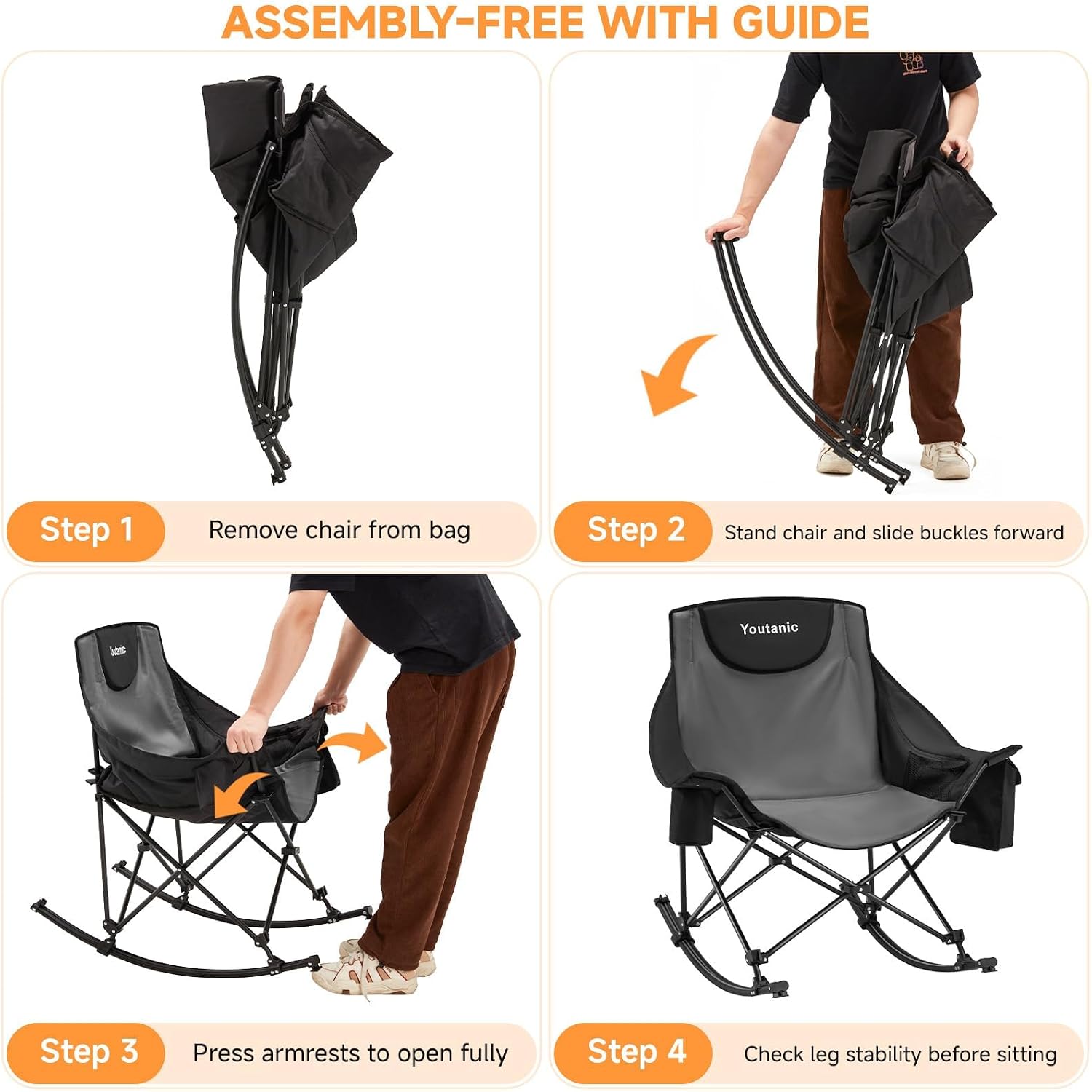 Youtanic Oversized Folding Rocking Camping Chair, Padded Portable Rocking Chair with Pockets, Cup Holder and Carry Bag, Heavy Duty Outdoor Rocker Patio Chair for Garden, Lawn, Yard, Up to 400lbs, Gray
