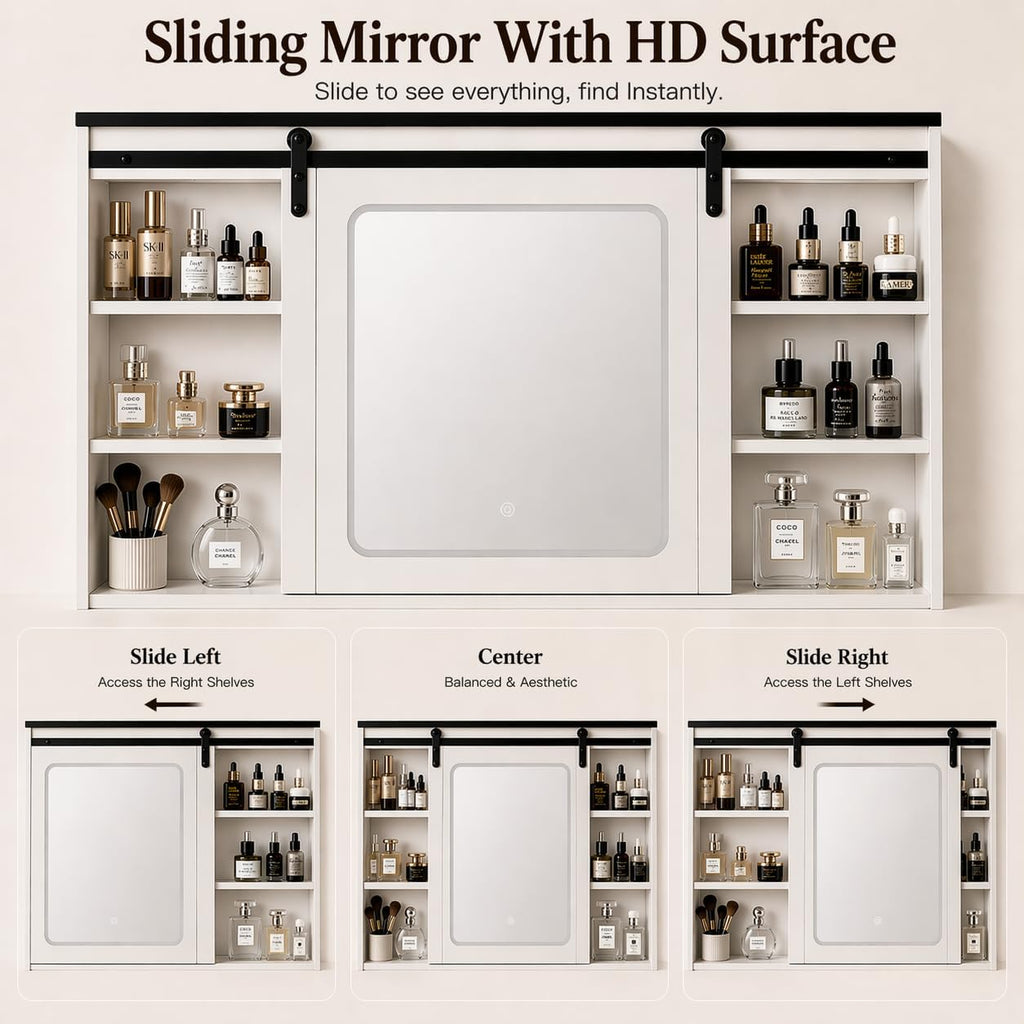 Vanity with Sliding Barn Mirror, Glass Top Makeup Desk with Outlet & Charging Station, 3-Color Lights, 7 Drawers & Shelves for Bedroom, Modern Adjustable Storage Dresser Table