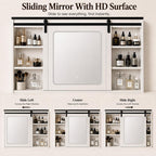 Vanity with Sliding Barn Mirror, Glass Top Makeup Desk with Outlet & Charging Station, 3-Color Lights, 7 Drawers & Shelves for Bedroom, Modern Adjustable Storage Dresser Table