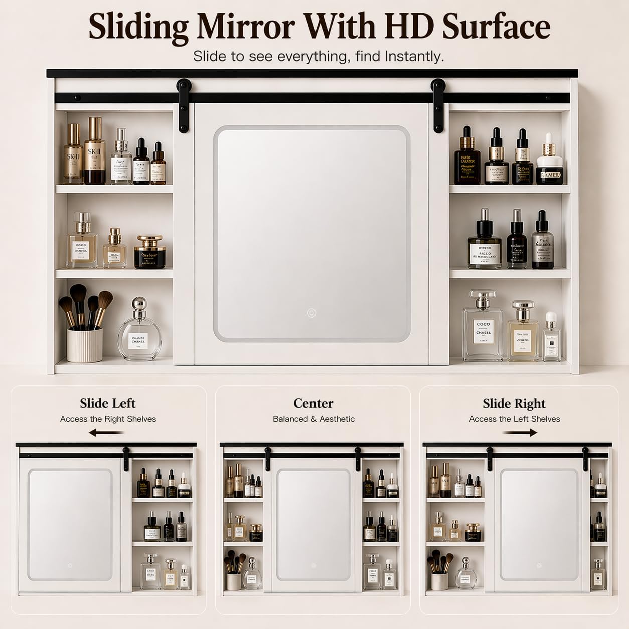 Vanity with Sliding Barn Mirror, Glass Top Makeup Desk with Outlet & Charging Station, 3-Color Lights, 7 Drawers & Shelves for Bedroom, Modern Adjustable Storage Dresser Table