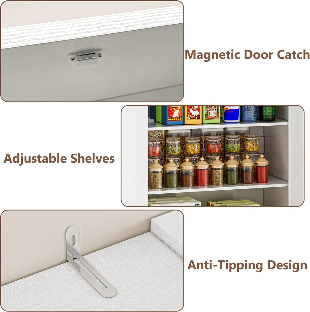 BORNOON Pantry Organizers and Storage Cabinet, 67.7” Barn Door White Kitchen Cabinet with Drawers and Adjustable Shelf, Tall Pantry for Kitchen, Dining Room, Living Room