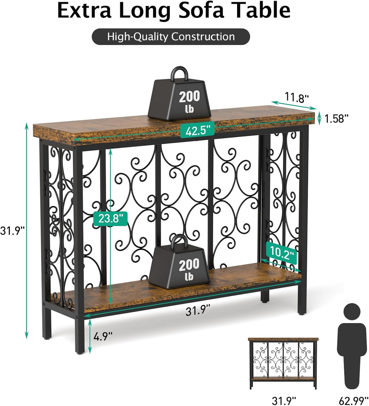 XCSOURCE Console Table, 42.5" Entryway Table with Storage Shelf, Narrow Sofa Table Behind Couch, 2-Tier Hallway Accent Tables for Living Room, Entrance, Foyer, Rustic Brown
