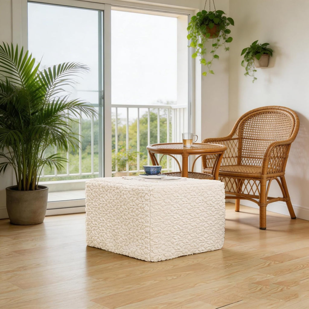 Square Stuffed Pouf Ottoman Poufs with One-Piece Seamless Foam Filling, Furry and Fluffy Pouf Foot Stool, 20 X 14 Floor Poufs Ottoman Foot Rest for Living Room (Cream)