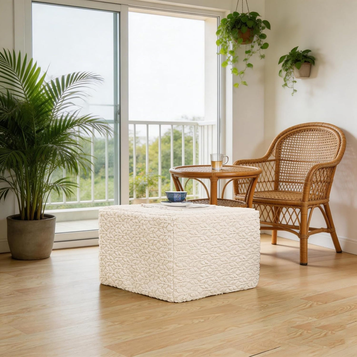 Square Stuffed Pouf Ottoman Poufs with One-Piece Seamless Foam Filling, Furry and Fluffy Pouf Foot Stool, 20 X 14 Floor Poufs Ottoman Foot Rest for Living Room (Cream)