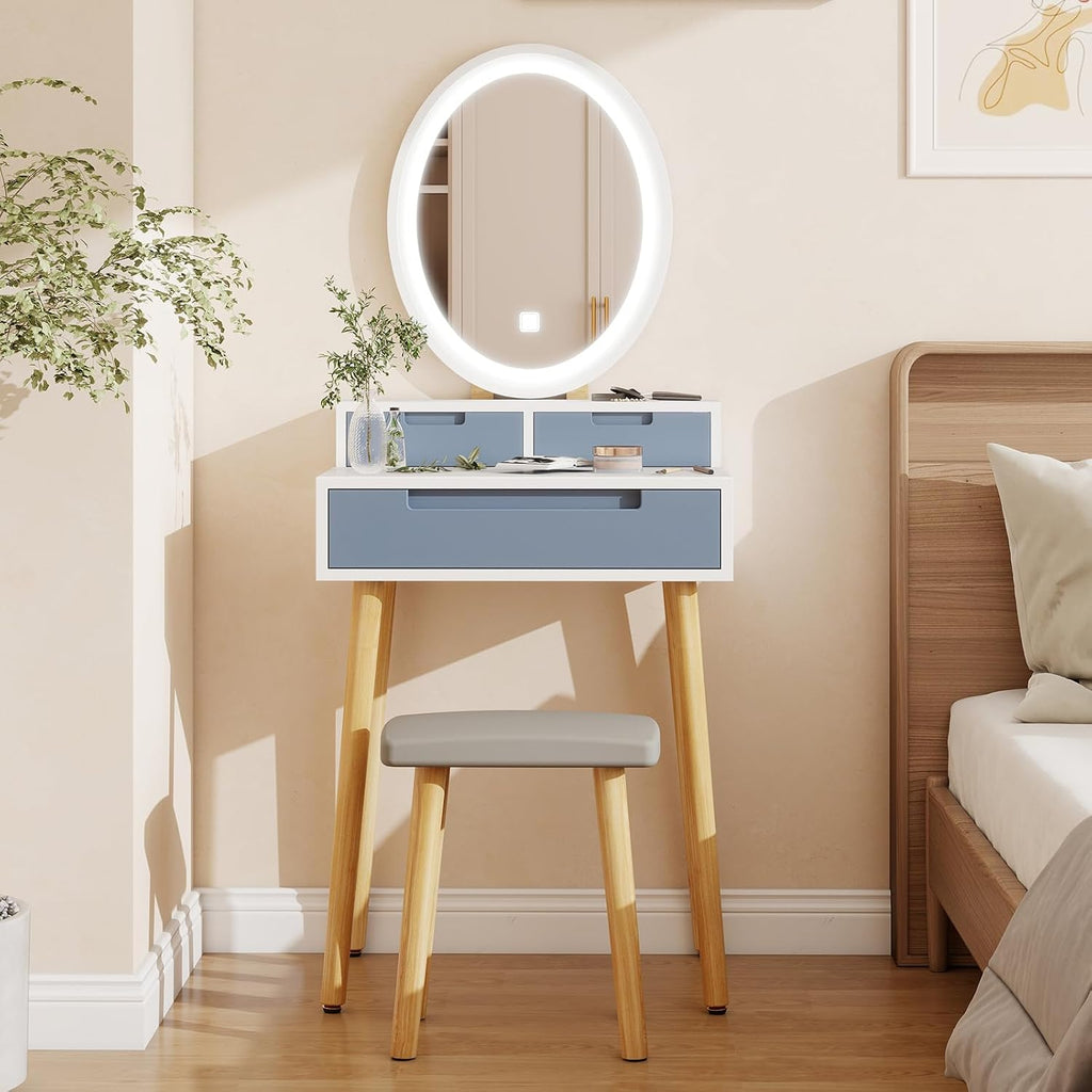 YOURLITE Small Makeup Vanity Desk with Mirror and Lights | Compact Vanity, 3 Lighting Modes, Adjustable Brightness, 3 Drawers, Cushioned Stool