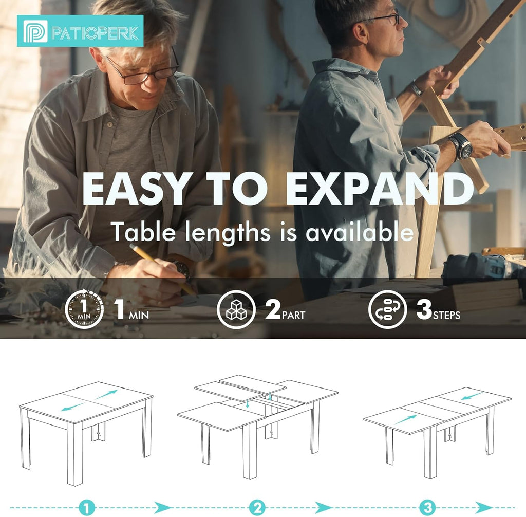 PatioPerk 54.3" to 84.5" Rectangular Extendable Dining Table, Solid Wood Expandable Kitchen Table with Hidden Leaf, Space Saving Dining Table for 4-8 People, Modern Dining Room Table(Bright Brown)