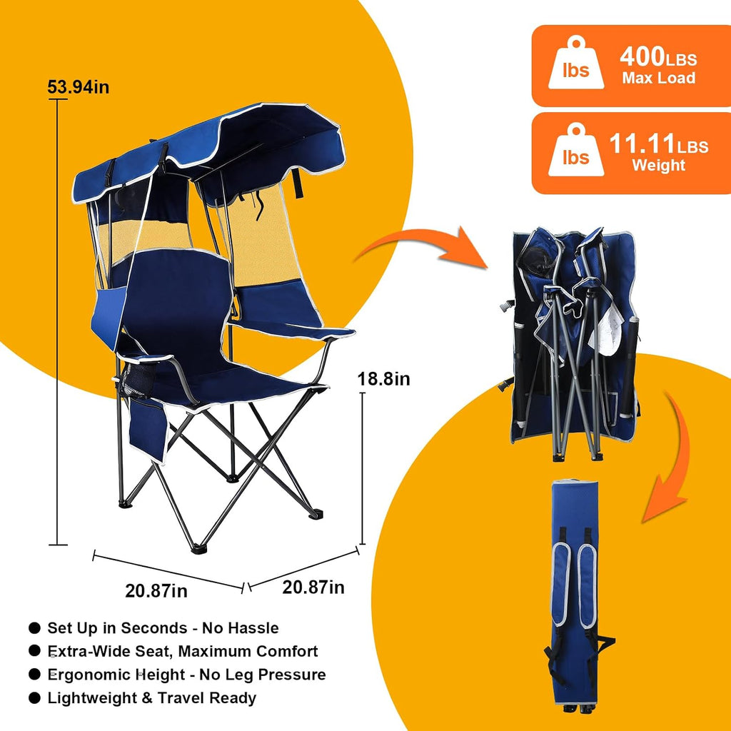 2 Pack Canopy Camping Chairs with Shade, Folding Beach Chair with Full Sun Protection, Portable Heavy Duty Outdoor Chair for Camping, Beach, Sports, Fishing, Lawn, Supports 400 lbs,Navy