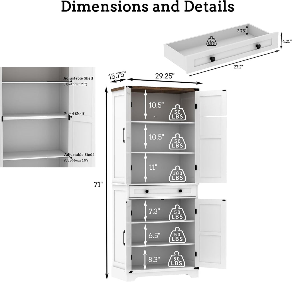 71" Tall Kitchen Pantry Storage Cabinet with Drawer & 4 Barn Doors, Freestanding Storage Cupboard with Adjustable Shelves, Large Capacity Floor Cabinet for Kitchen, Dining Room, Bathroom, White