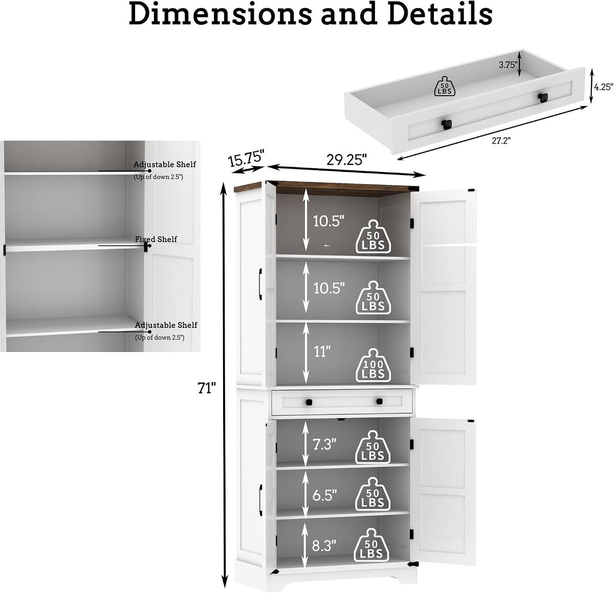 71" Tall Kitchen Pantry Storage Cabinet with Drawer & 4 Barn Doors, Freestanding Storage Cupboard with Adjustable Shelves, Large Capacity Floor Cabinet for Kitchen, Dining Room, Bathroom, White