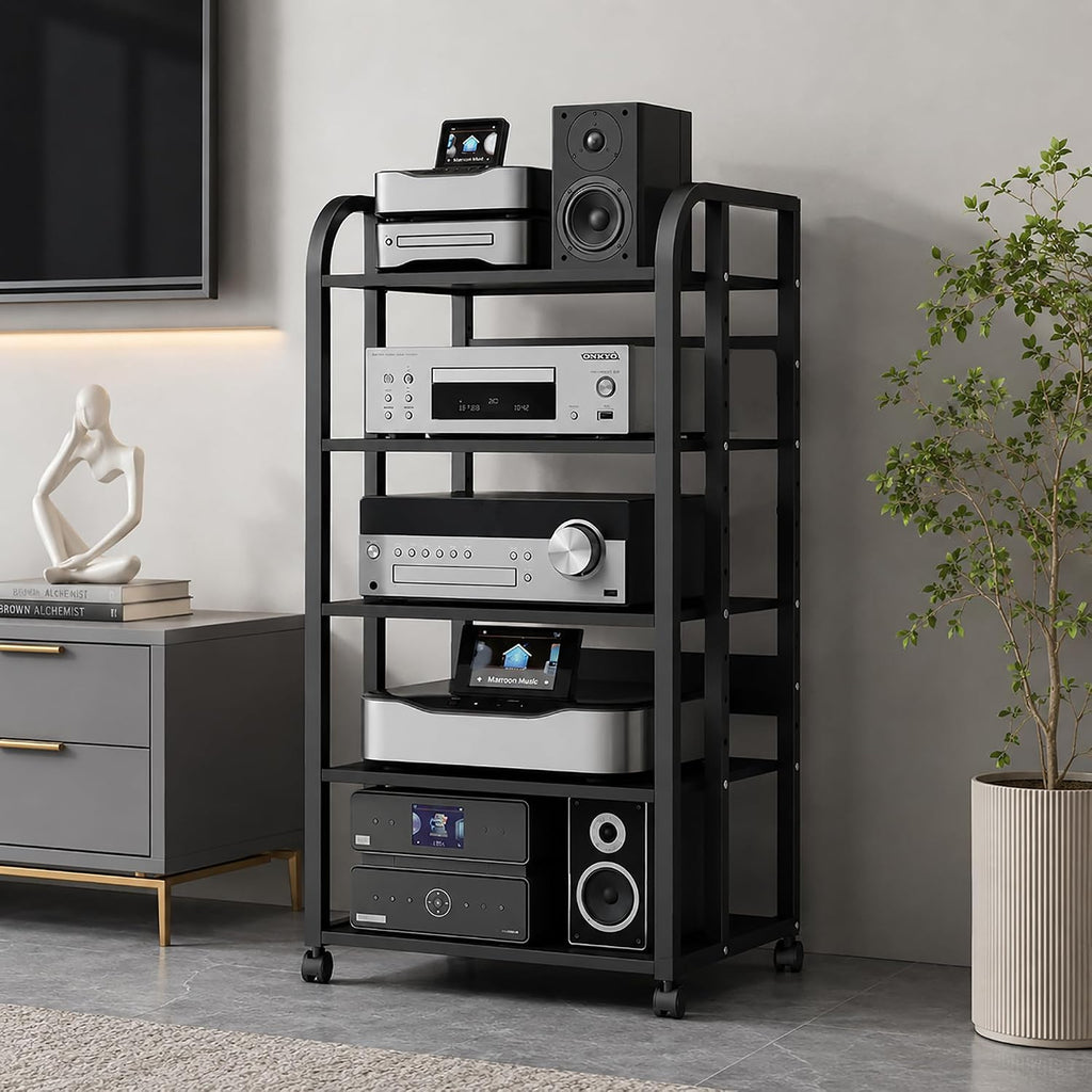 5 Tier Av Media Stand with Wheels, 39in Adjustable Audio Rack | Modern Stereo Cabinet Receiver Console Shelf, Audio Component Rack for Home/Office/Theater, Black