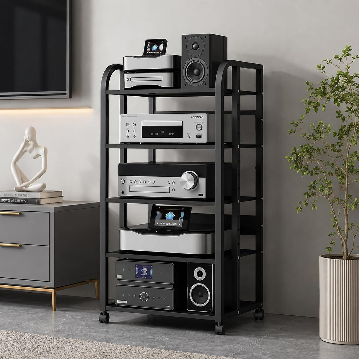 5 Tier Av Media Stand with Wheels, 39in Adjustable Audio Rack | Modern Stereo Cabinet Receiver Console Shelf, Audio Component Rack for Home/Office/Theater, Black