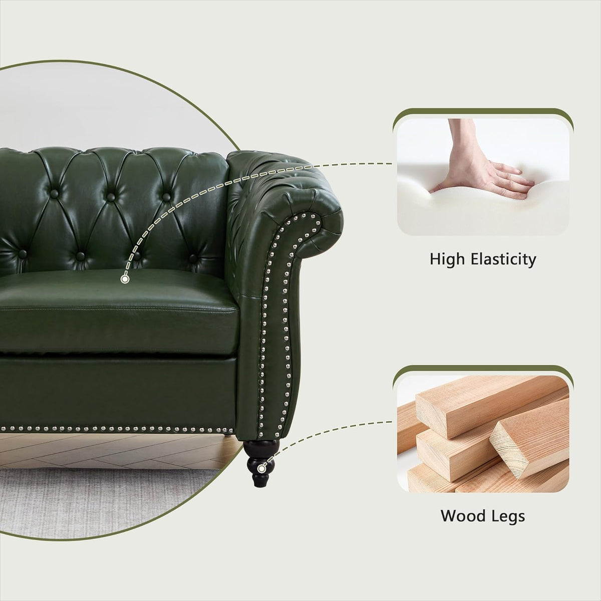 QHITTY Accent Sofa, Chesterfield Loveseat Modern Leather Couch Upholstered Sofa with Tufted Back for Living Room Furniture (Green)