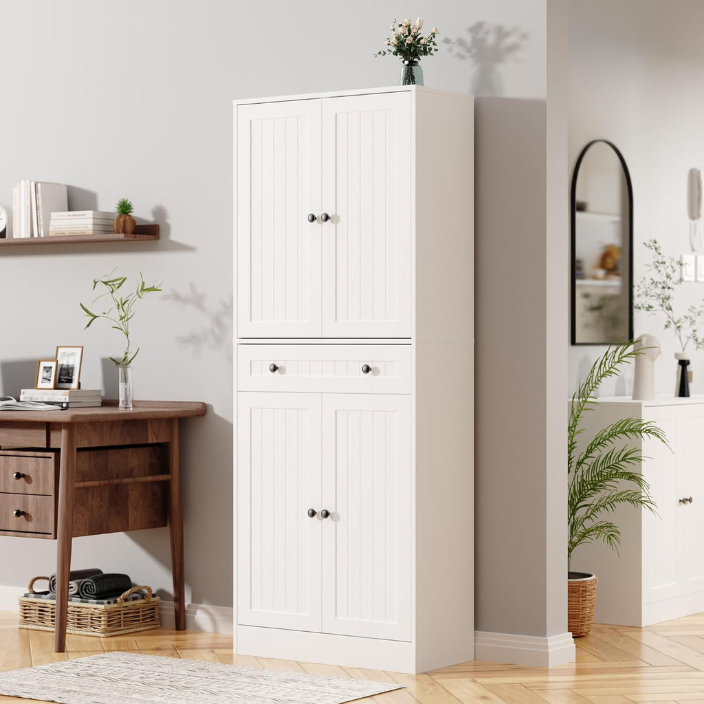 Furnify 71" Tall Kitchen Pantry Storage Cabinet with Doors & Drawer, White | Farmhouse Freestanding Cupboard with Adjustable Shelves, Rustic Wood Pantry for Dining Room Living Room