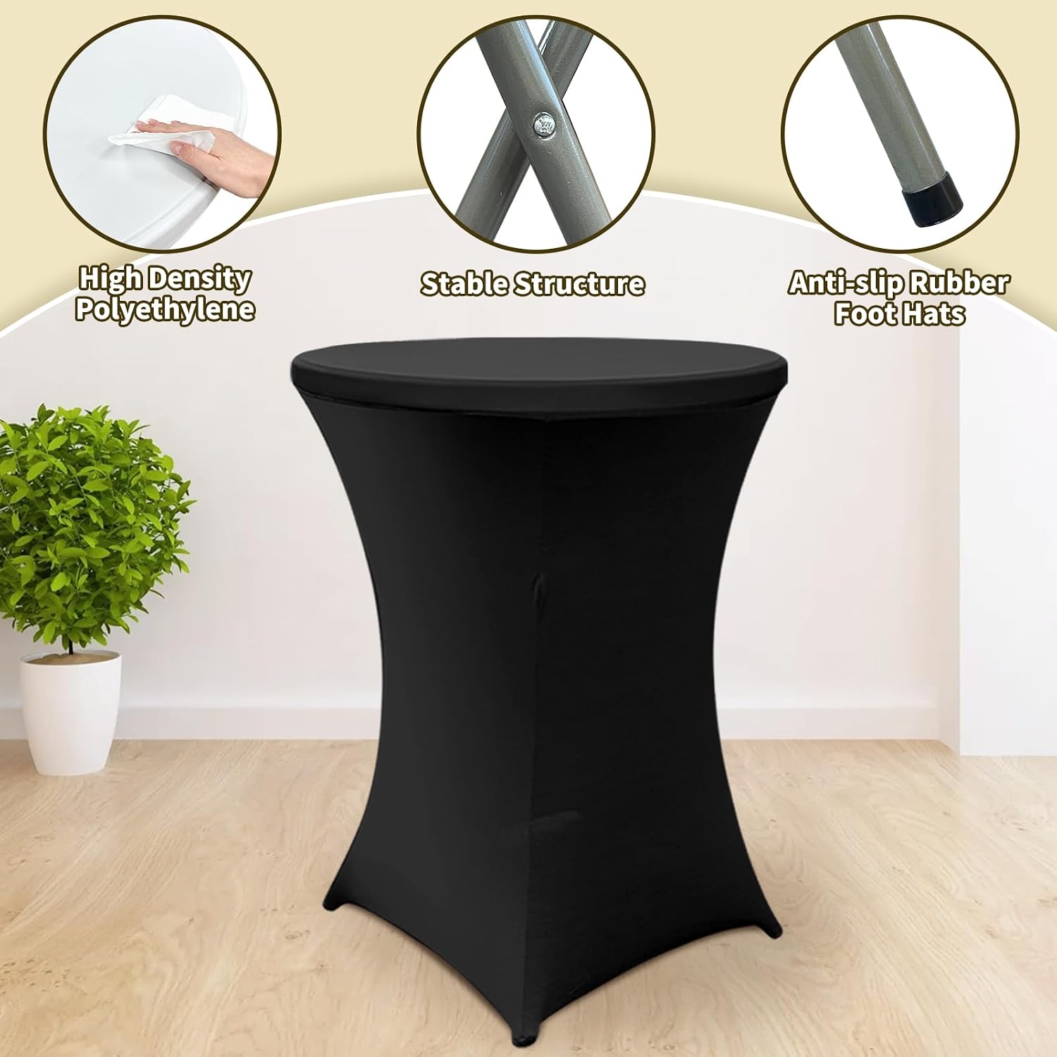 2 Sets 32" High Top Round Folding Cocktail Tables White Bar Height with Removable Legs & 32"x43" Spandex Stretch Black Table Covers Hightop Table for Outdoor Indoor Wedding Parties
