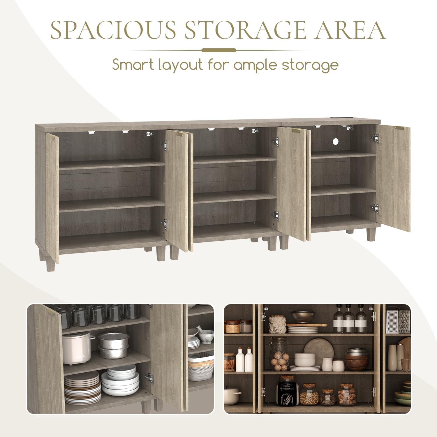 Fluted Buffet Cabinet with Storage, 3 in1 Storage Cabinet with Adjustable Shelves & Outlets, Wood Mid Century Modern Sideboard for Kitchen, Coffee Bar, Living Room