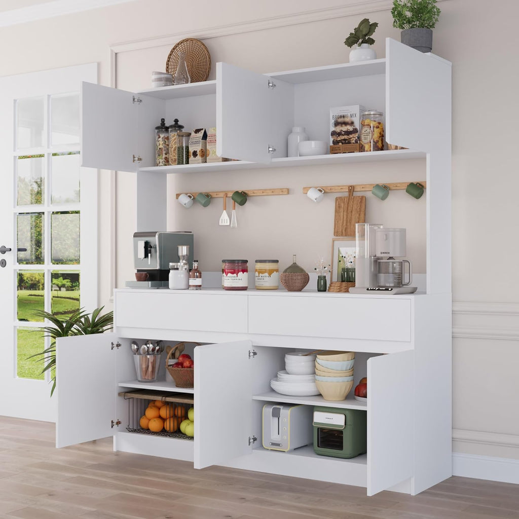 70.87" H Large Kitchen Pantry Storage Cabinet with Microwave Oven Countertop, Freestanding Pantry Cabinet with Drawers for Kitchen, Living Room (White)