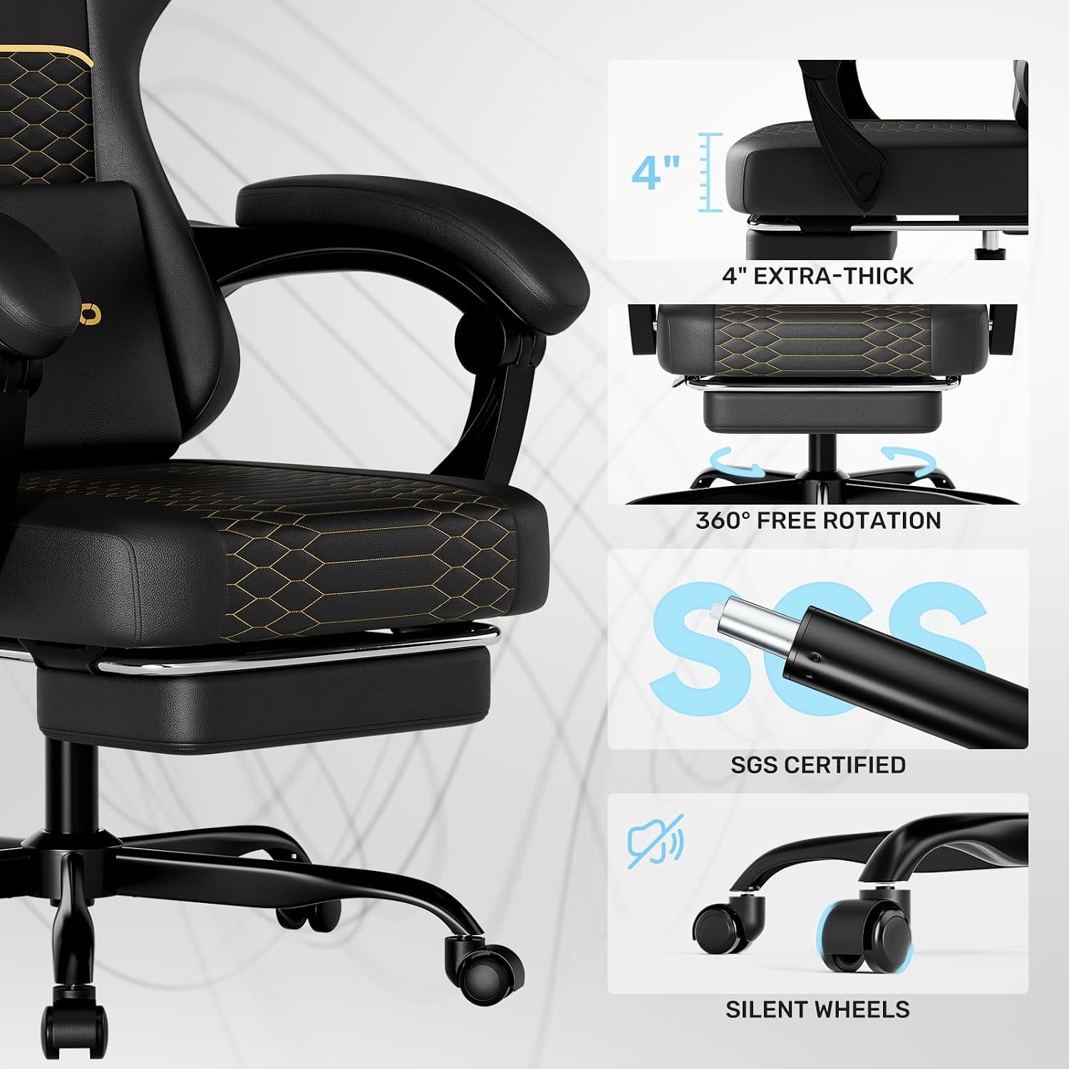 Gaming Chair with Footrest, Ergonomic Video Game Chair with Adjustable Lumbar and Headrest Massage Support,PU Leather High Back Recliner Comfortable for Office, Game and Study, Black