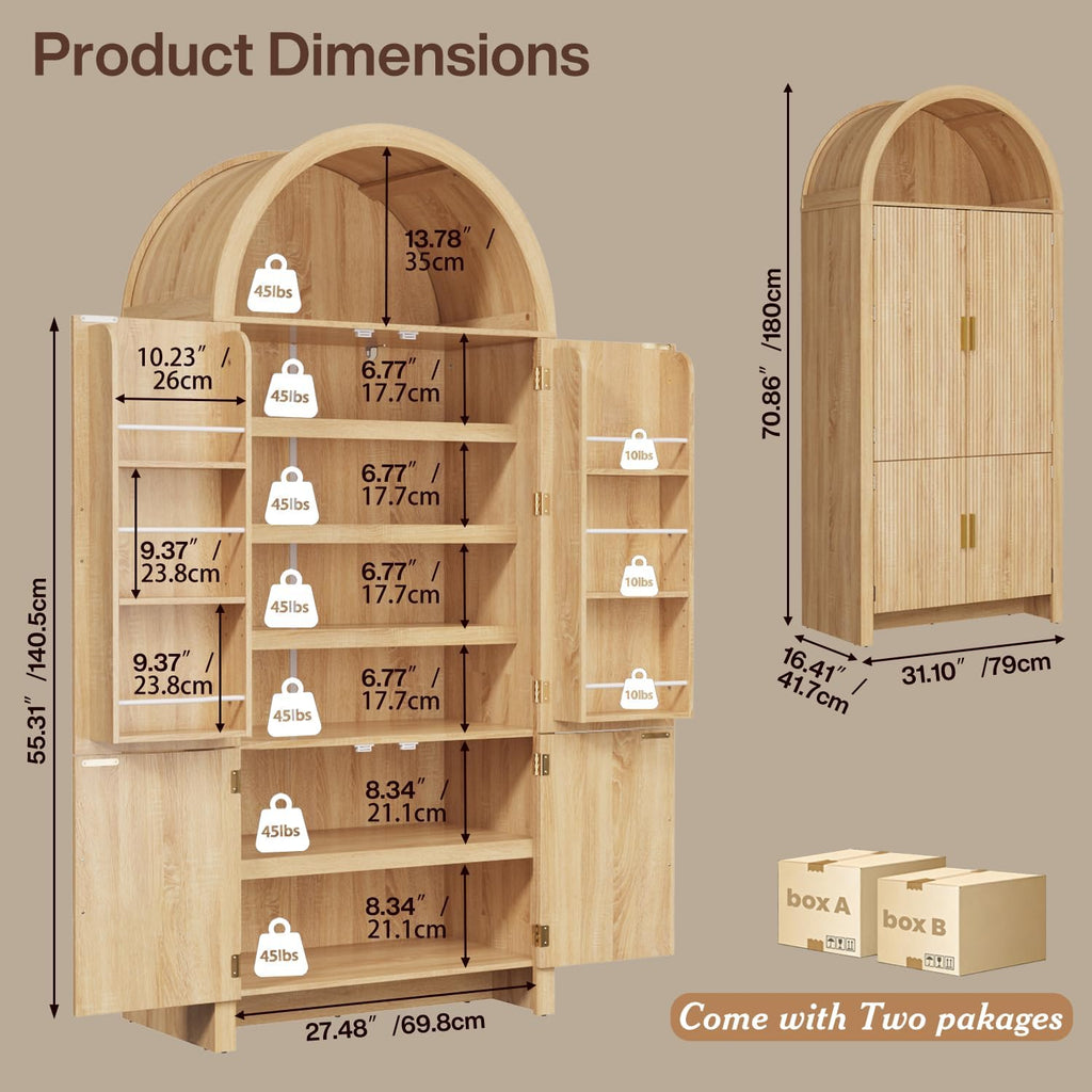 OFIKA 71" Arched Kitchen Pantry Cabinet, Fluted Wood Storage with 3 Shelves | 3 Adjustable Shelves & 6 Door Shelves, Modern Organizer for Kitchen & Bathroom, Natural Wood Finish, Sturdy Fluted Design