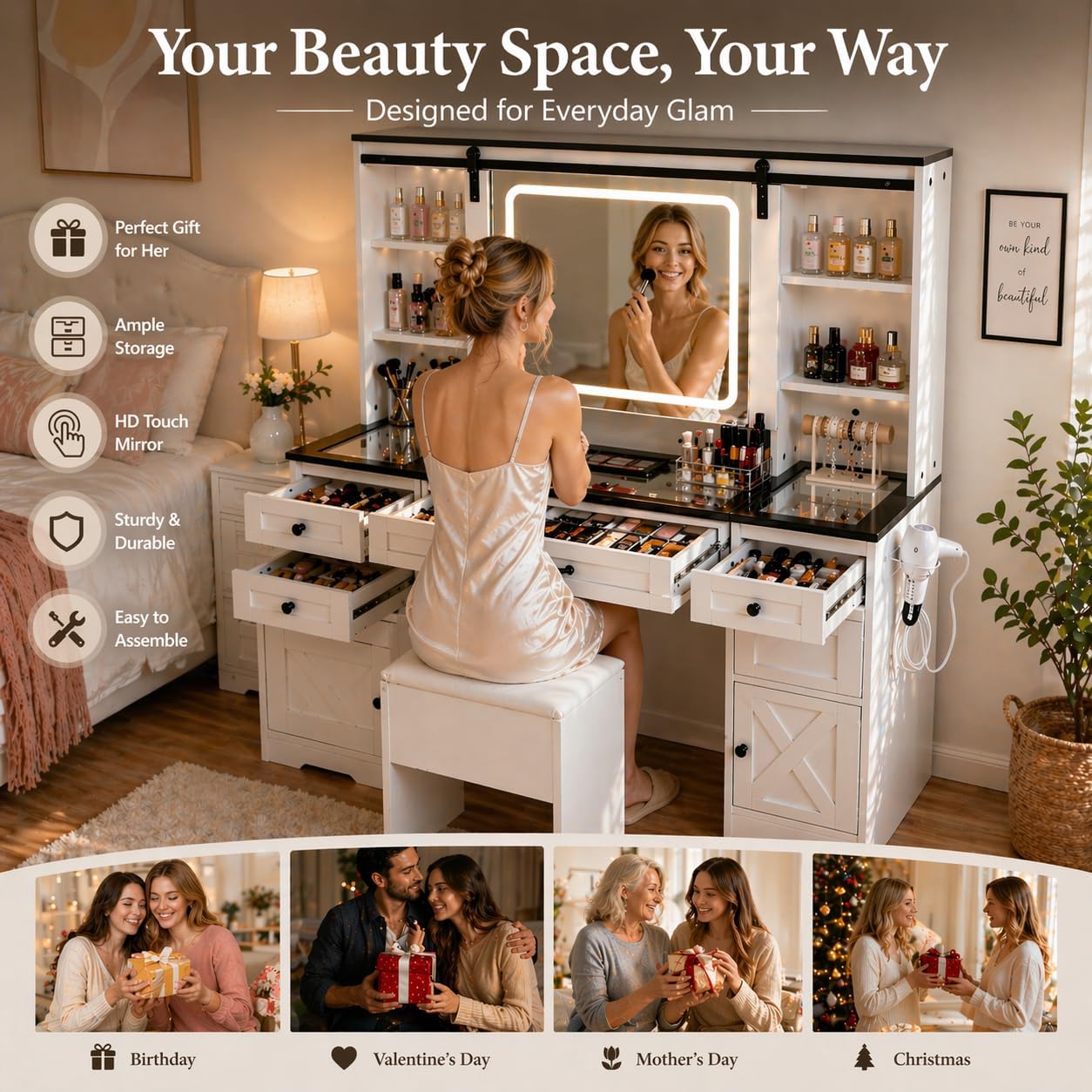 Vanity with Sliding Barn Mirror, Glass Top Makeup Desk with Outlet & Charging Station, 3-Color Lights, 7 Drawers & Shelves for Bedroom, Modern Adjustable Storage Dresser Table