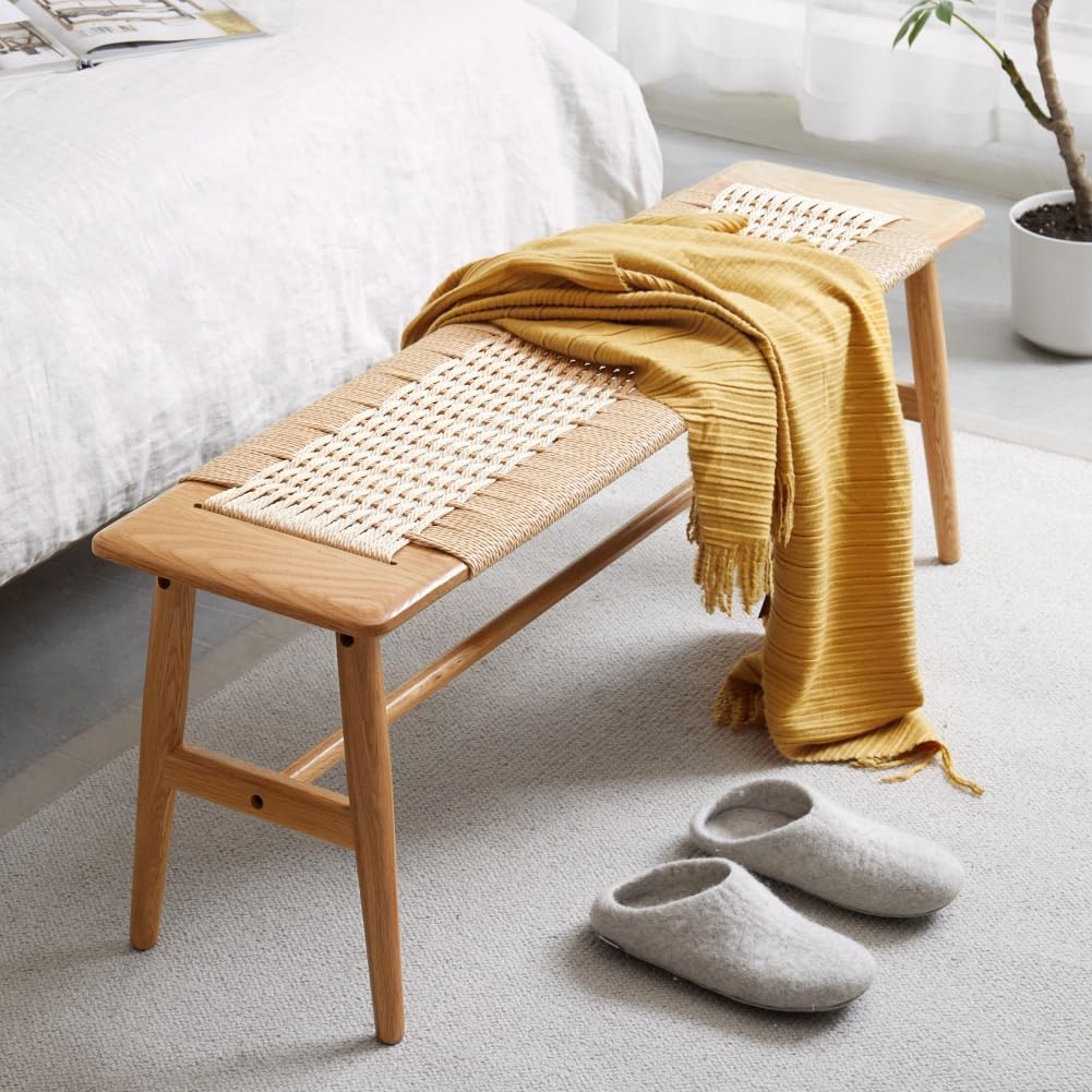 Wood Dining Bench with Hand Woven Rattan Seat, Farmhouse Entryway Bench for Bedroom, Kitchen, Living Room (Oak+Wood)
