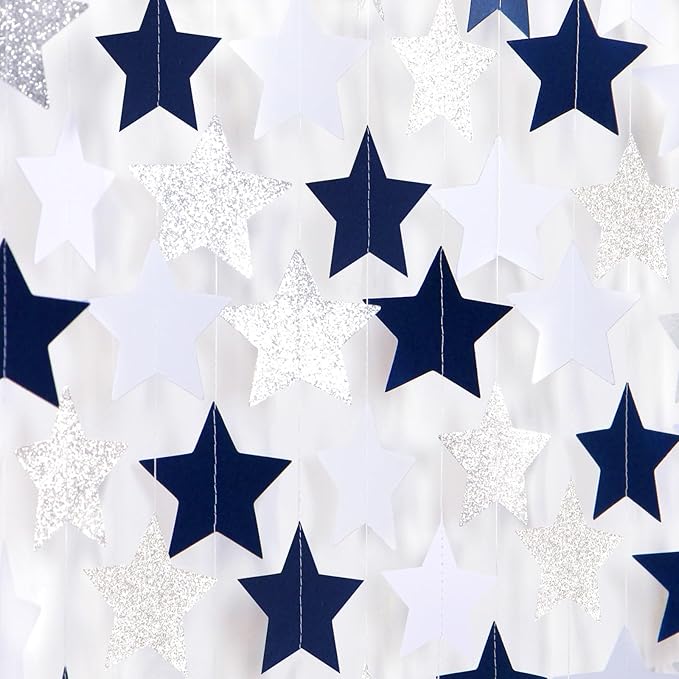 Navy-Blue White-Silver Party-Decorations Birthday Garland - 62ft Twinkle Little Star Hanging Streamers Banner,Wedding Bachelorette Bridal Baby Shower Graduation Decor Hugtmr