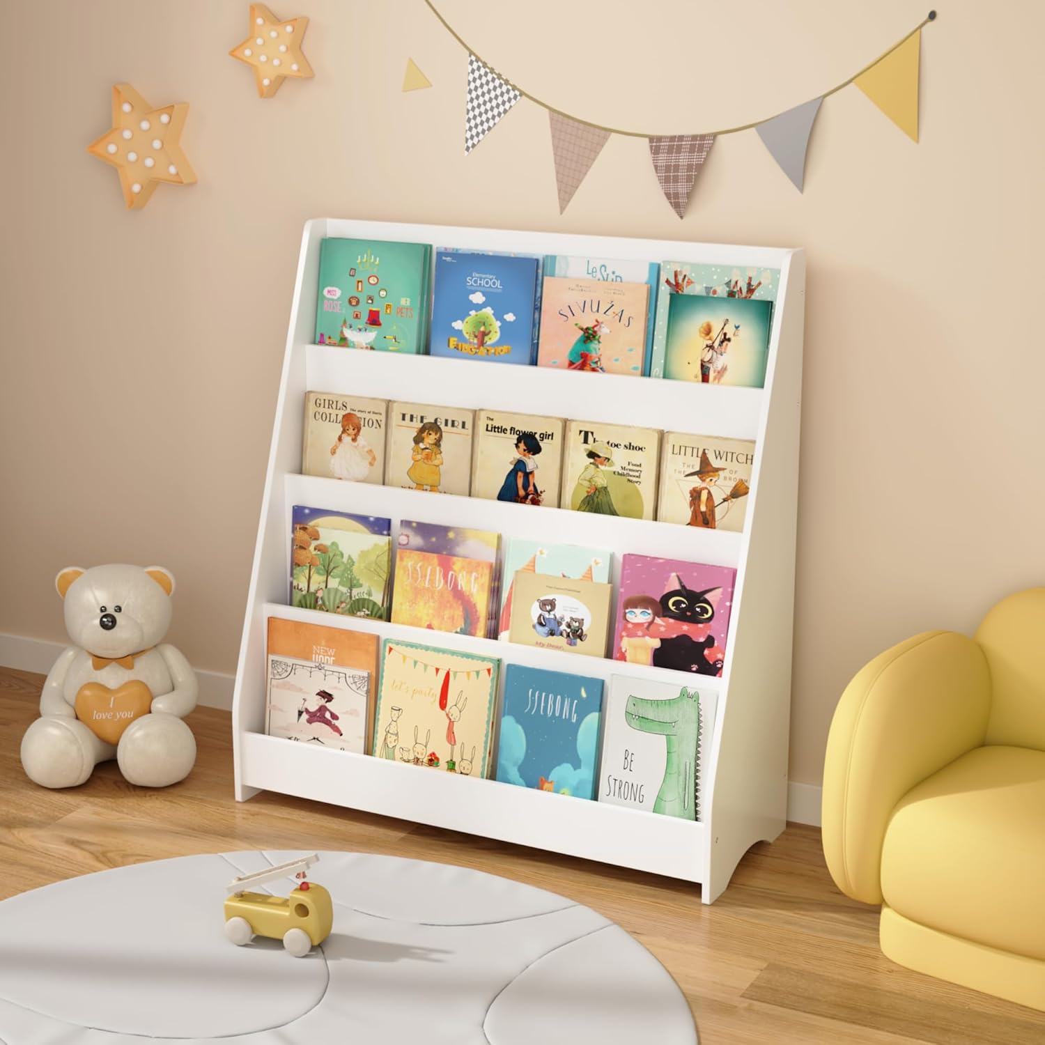 4-Tier Kids Bookshelf Toddler Book Display for Bedroom Playroom | Multi-tier open display shelf for books and toys. Durable engineered wood. Perfect for kids bedroom, playroom, or classr