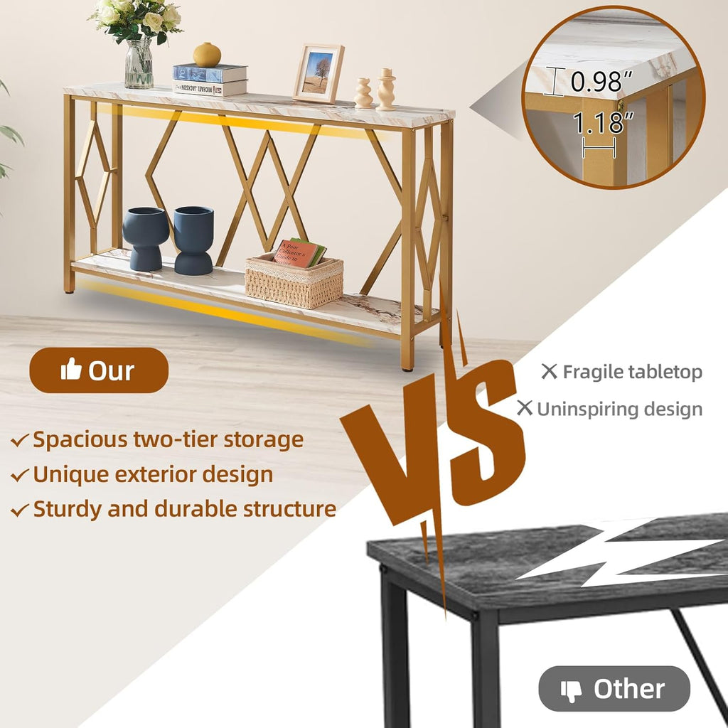HOMISSUE 55 Inch Modern Entryway Console Table, White & Gold Faux Marble Top Engineered Wood Sofa Table with 2-Tier Open Storage, Entry Table for Hallway & Living Room