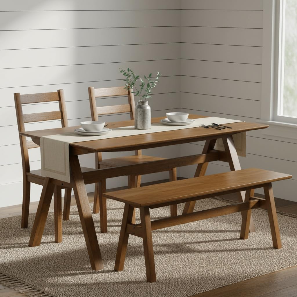 LukeAlon Rustic Solid Wood Long Dining Bench, Walnut Color | Heavy Duty Farmhouse Footstools For Dining Table Hallway Kitchen Living Room