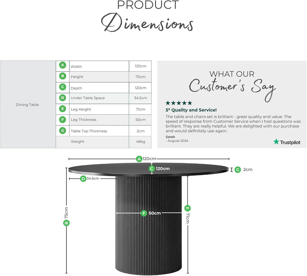 Furniturebox UK Dining Table - 'Penrose' Black 120cm 4-6 Seat Round Wooden Pedestal Dining Table - Melamine Veneer - Slatted Wood Pillar Leg - Modern Scandi Japanese Style Dining Furniture (Black)