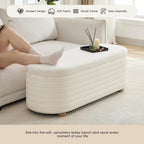 53" Storage Bench Teddy Ottoman Bench Upholstered Fabric Bench End of Bed Stool with Safety Hinge for Bedroom, Living Room, Entryway, White