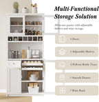 Merax 75" Tall Kitchen Pantry Storage Cabinet with Microwave Stand and Wine Rack, Pantry Storage Cabinet with 2 Pull Out Shelves and Glass Door, 35.4" W Coffee Bar Hutch for Dining Room,White