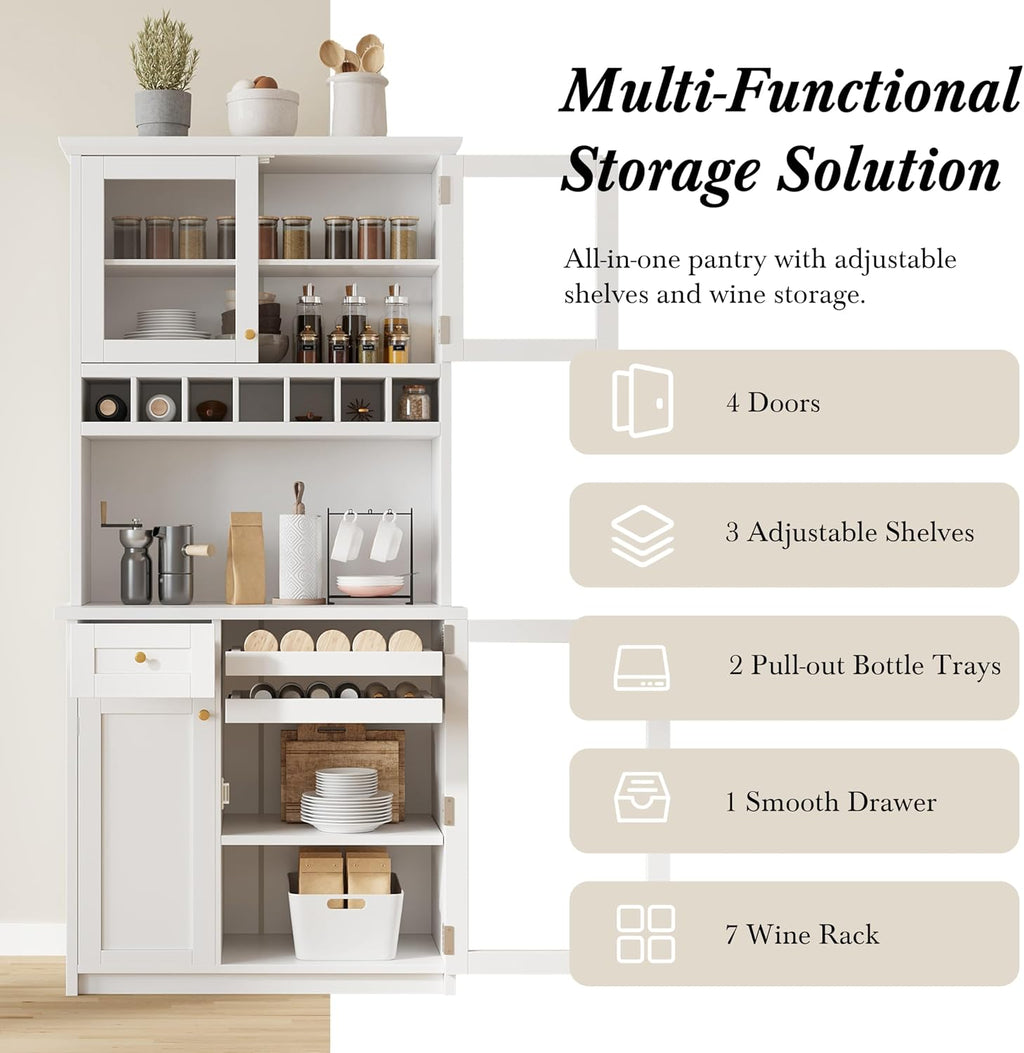 Kitchen Pantry Storage Cabinet with Wine Rack and Adjustable Shelves, Freestanding Buffet Cabinet with Hutch, White