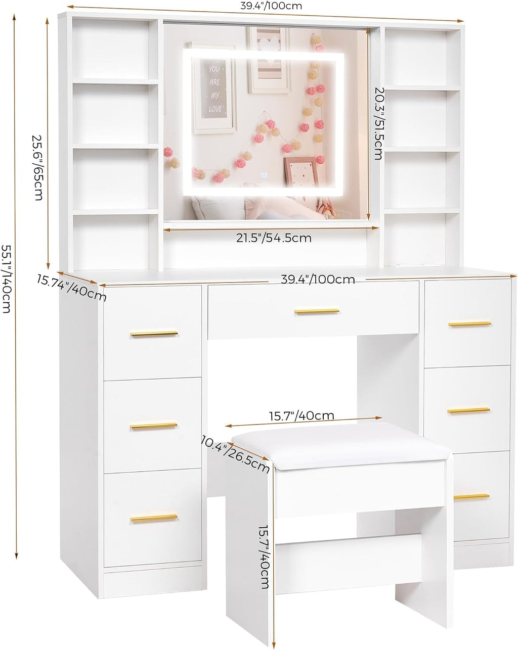ANWBROAD 39.4" White Vanity Desk with Lighted Mirror & Adjustable Lights | Girls Makeup Vanity Set with Charging Station,Cushioned Stool, 7 Drawers,6 Shelves, Dressing Table for Bedroom Dressing Room