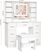 ANWBROAD 39.4" White Vanity Desk with Lighted Mirror & Adjustable Lights | Girls Makeup Vanity Set with Charging Station,Cushioned Stool, 7 Drawers,6 Shelves, Dressing Table for Bedroom Dressing Room