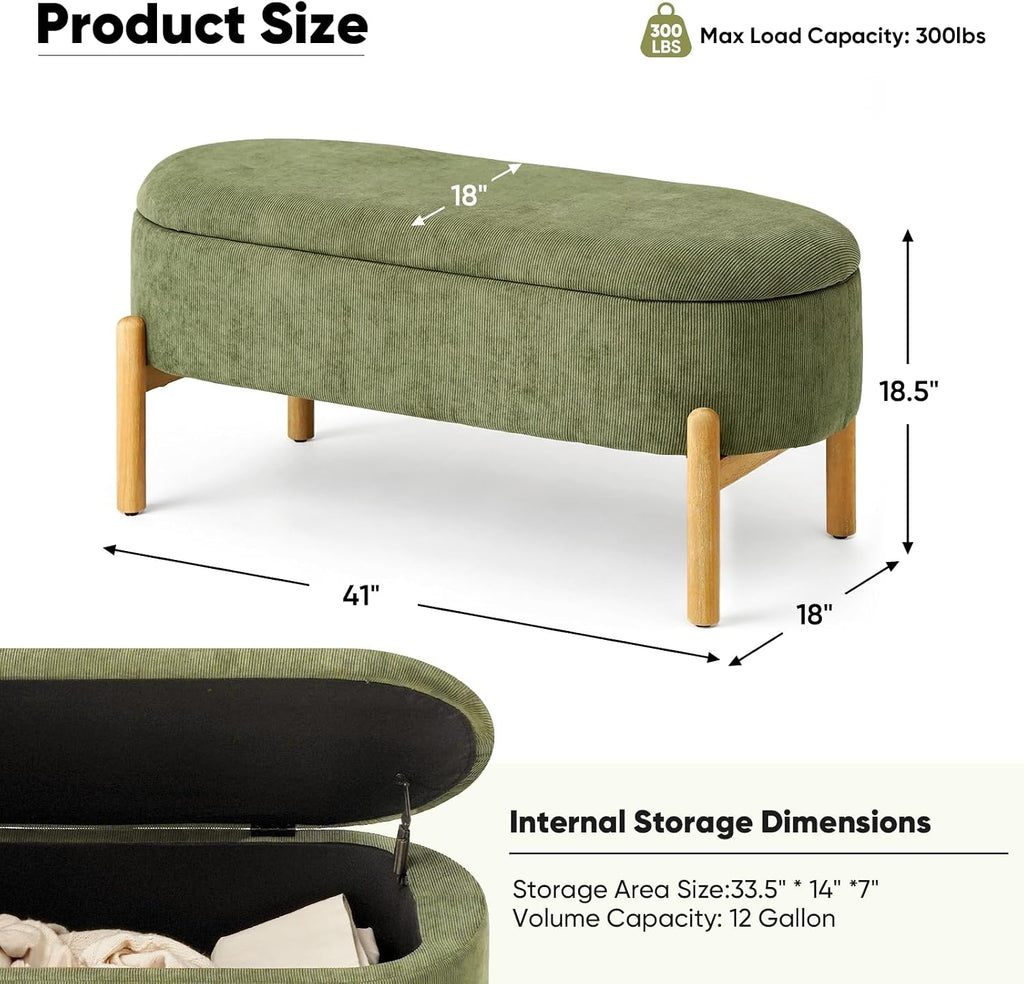 Storage Bench Ottoman With Hidden Storage And Corduroy Fabric, Green | Oval Upholstered Bench For Bedroom, Living Room, Entryway, Or Under Window With Soft Seat, Safety Hinge, And Wood Legs