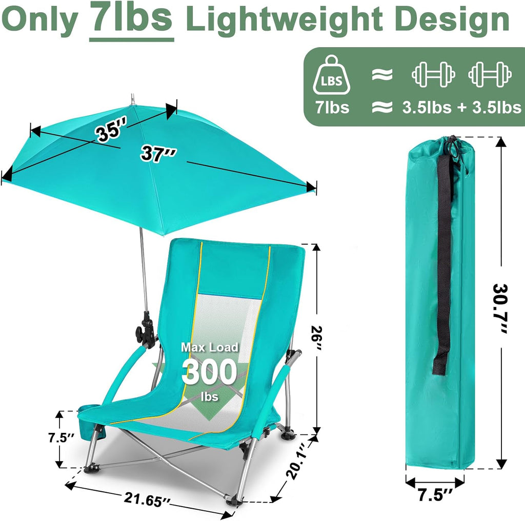 Romswi Beach Chair with Umbrella 2PK, Folding Low Beach Chairs for Adults with Adjustable Parasol, Cup Holder, Breathable Backrest, Comfortable Armrests, Lightweight for Beach & Camping, Green