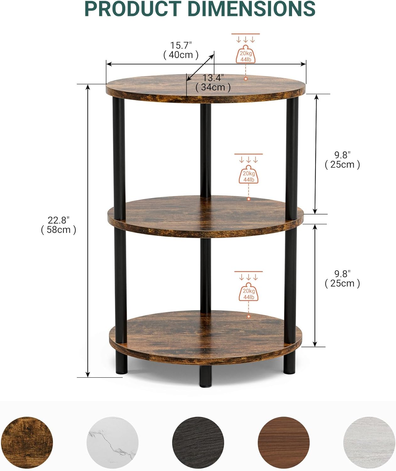 Round Small Side Table - 3 Tier Oval Accent Table for Small Spaces, Rustic Wood and Metal Couch End Table, Nightstand for Bedroom or End Table Living Room, Easy to Assemble, Rustic Brown