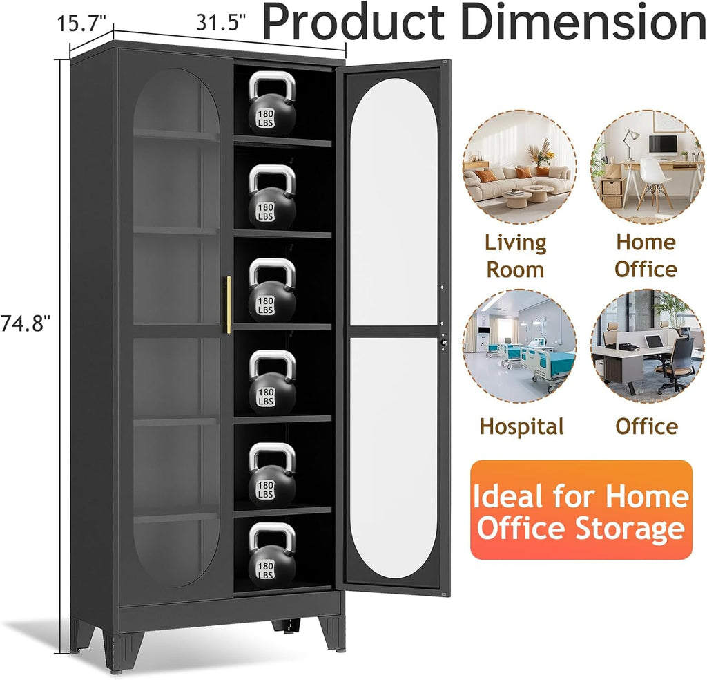 75" H Locking Display Cabinet with Glass Door, Tall Storage Cabinet with 5 Adjustable Shelves, Metal Curio Cabinet Multi-Purpose Display Case for Collectibles Living Room/Bedroom/Kitchen/Bar