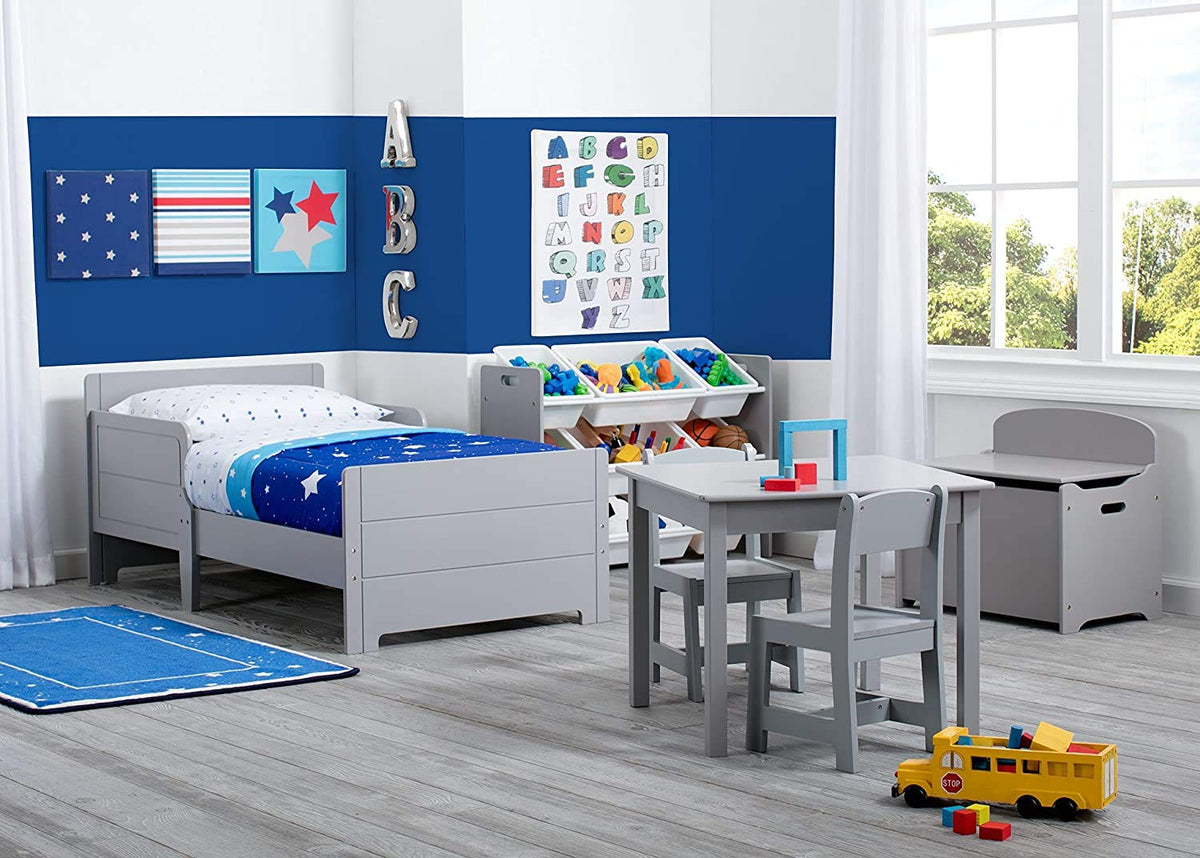 Delta Children MySize Toddler Bed, Grey + MySize Kids Wood Table and 2 Chair Set + MySize Deluxe Toy Box (Bundle)
