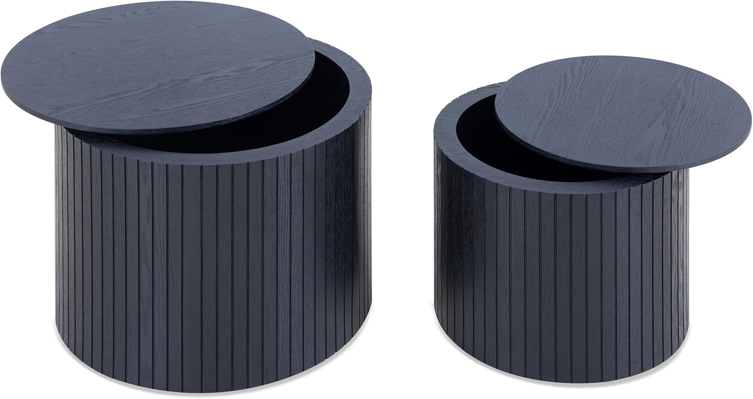Nesting Coffee Table Set of 2,Modern Round Wooden Coffee Tables with Storage,Luxury Fluted Side Table Accent End Table for Small Space Living Room Apartment (19.17”)