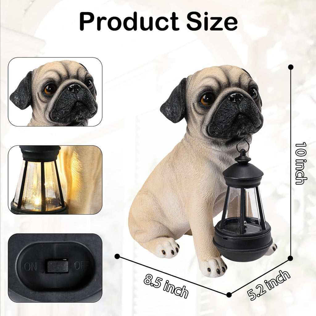 Afirst Solar Dog Garden Statue with Solar Lantern Outdoor Garden Pug Statues Figurines Lights Decorations for Patio Balcony Yard Ornament Outdoor Decor Gift