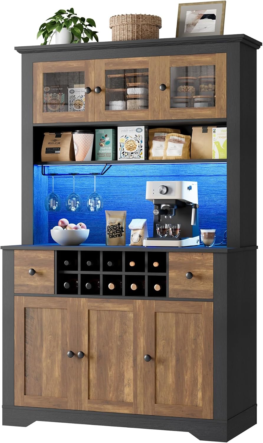 68.7 " Pantry Cabinet with LED Light and Charging Station, Kitchen Pantry Storage Cabinet with Countertop, Large Kitchen Hutch with Wine Rack & Adjustable Shelves for Dining Room, Living Room