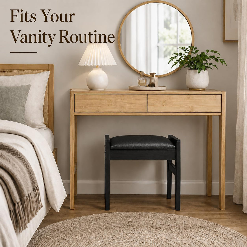 BAMBOOHOMIE Foot Stool Ottoman, Modern Vanity Stool Chair for Makeup with Removable Cushion & Side Handles, Bamboo Ottoman for Living Room Bedroom Office, Small Foot Rest for Couch (Black - Black)