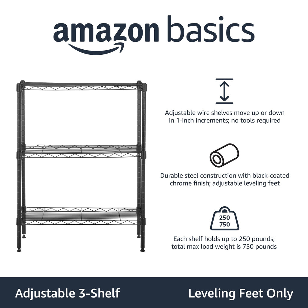 Amazon Basics 3-Shelf Adjustable Heavy Duty Steel Wire Rack Storage Shelving Organizer with Storage Space, Versatility and Ease of Use for Kitchen, Garage, 23.2" L x 13.4" W x 30" H, Black
