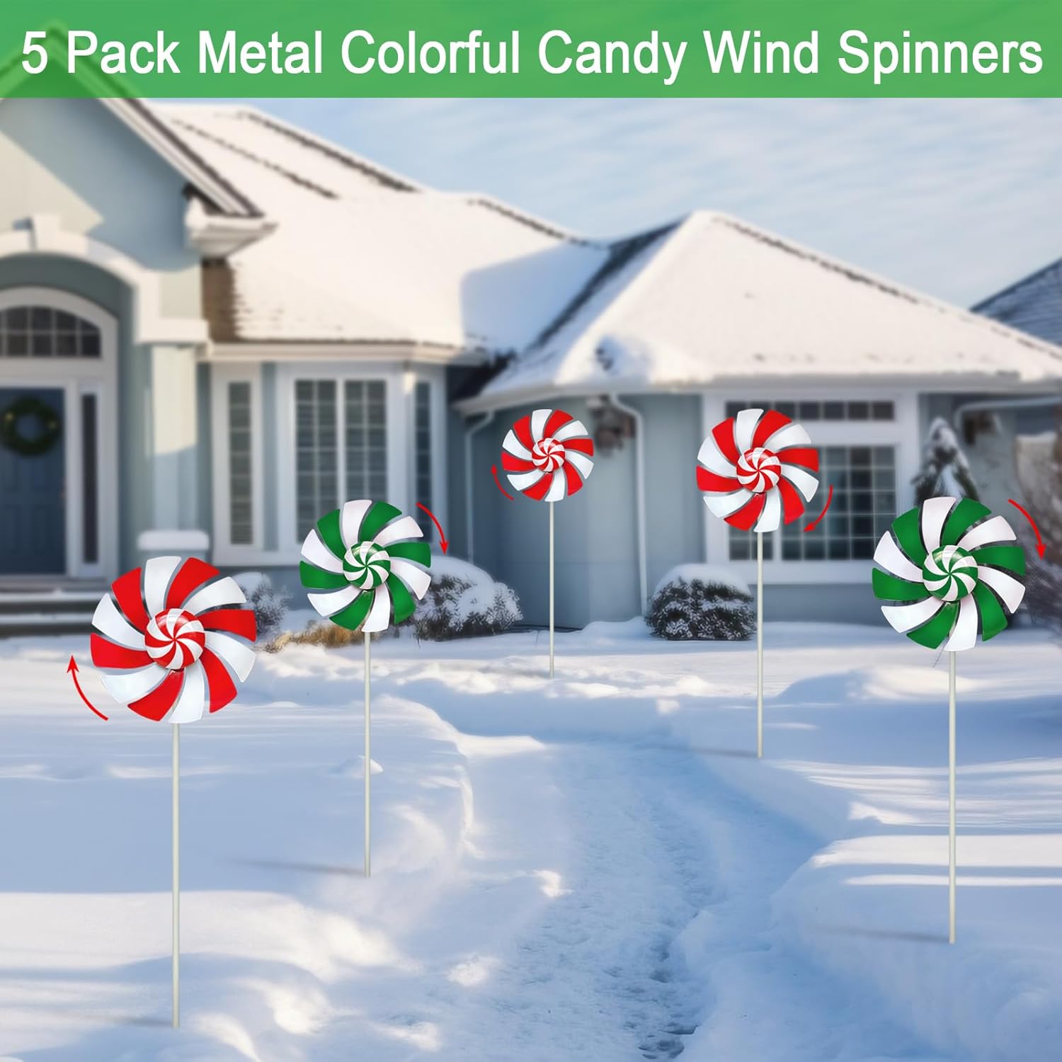 5 Pack Metal Colorful Candy Wind Spinners Outdoor,Lollipop Christmas Decorations Outside,Yard Stake for Garden,Lawn Ornament