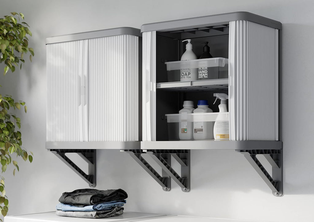 Terry, Rolling Space wall Cabin; wall Cabinet with Two Sliding Doors, Exterior and Interior, 2 Internal Adjustable Shelves, Grey, Made of Recycled Plastic, Dimensions: 59 x 36 x 59 cm