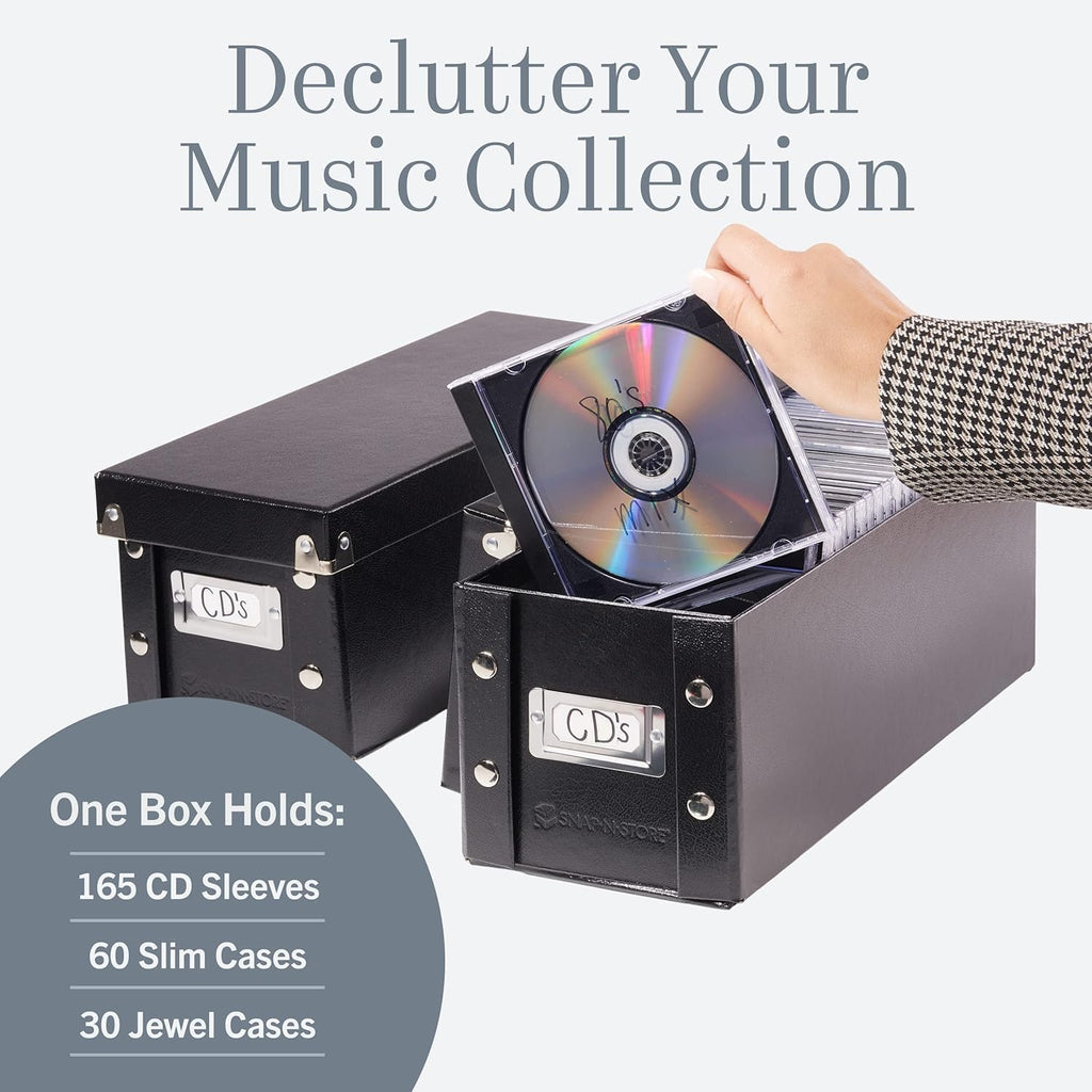 Snap-N-Store CD Storage Box - 4 Pack - Durable 5.1 x 5.1 x 13.2 Inch Disc Holders with Lids to Store up to 52 CDs - Black