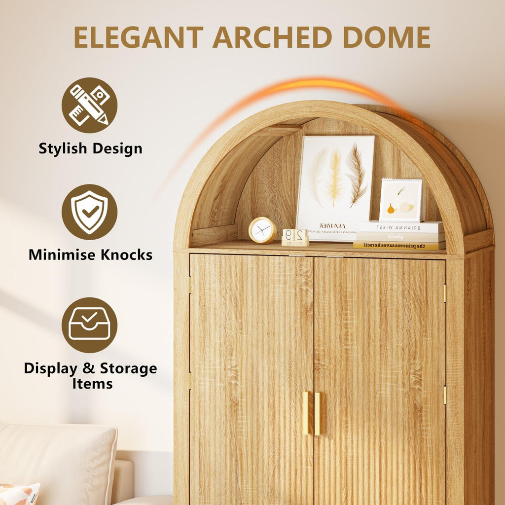 Arched Cabinet, 71" Tall Arched Kitchen Pantry Storage Cabinet with Doors, Modern Fluted Kitchen Storage Cabinet with Adjustable Shelves, Natural Cupboard for Kitchen, Dining Room, Bathroom
