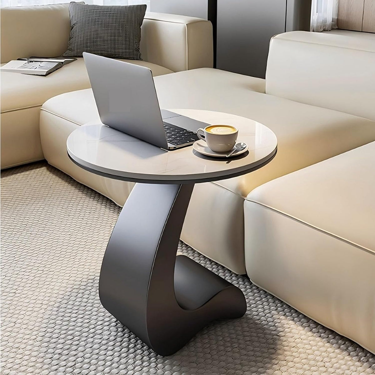 Modern Round Side Table,C Shaped End Table for Couch,Coffee Table with Sintered Stone Tabletop and Metal Frame for Living Room Balcony,Snow Mountain White